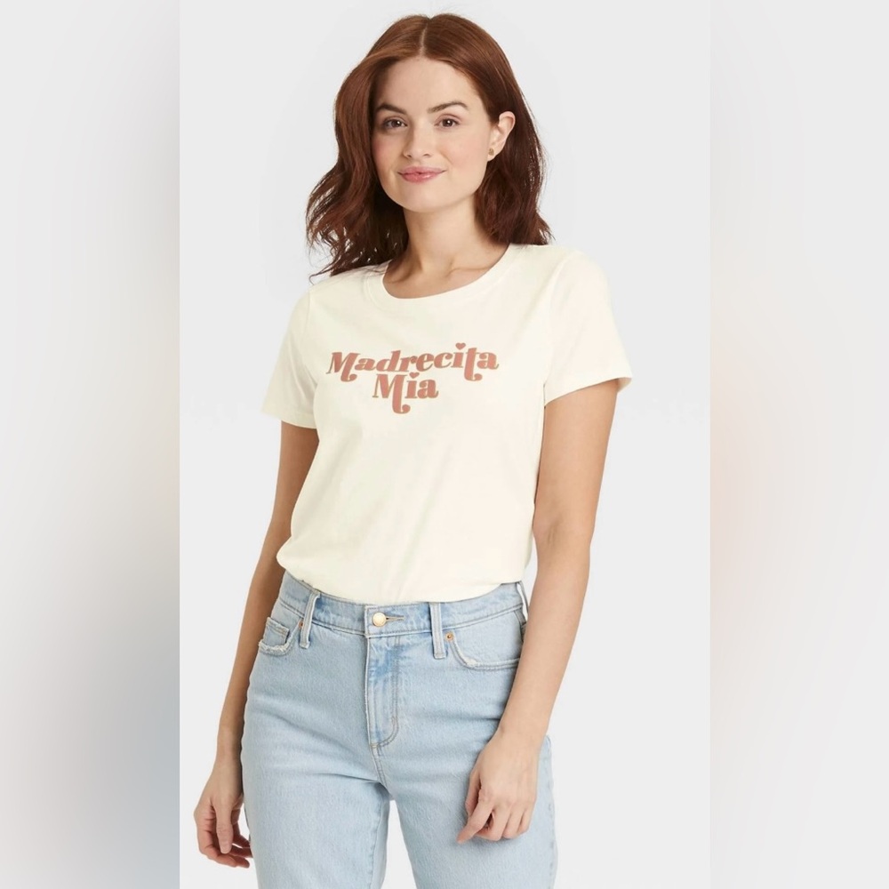 Doe Women's Cream Madrecita Mia Short Sleeve Graphic T-Shirt Size X Larg…